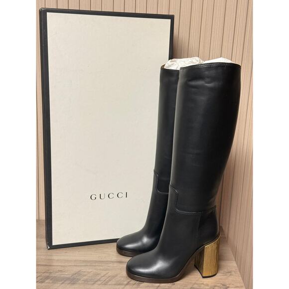 GUCCI Gold Heel Black Leather Knee Boots "Lifford" Size 37 IT / 7 US Authentic - Picture 1 of 16